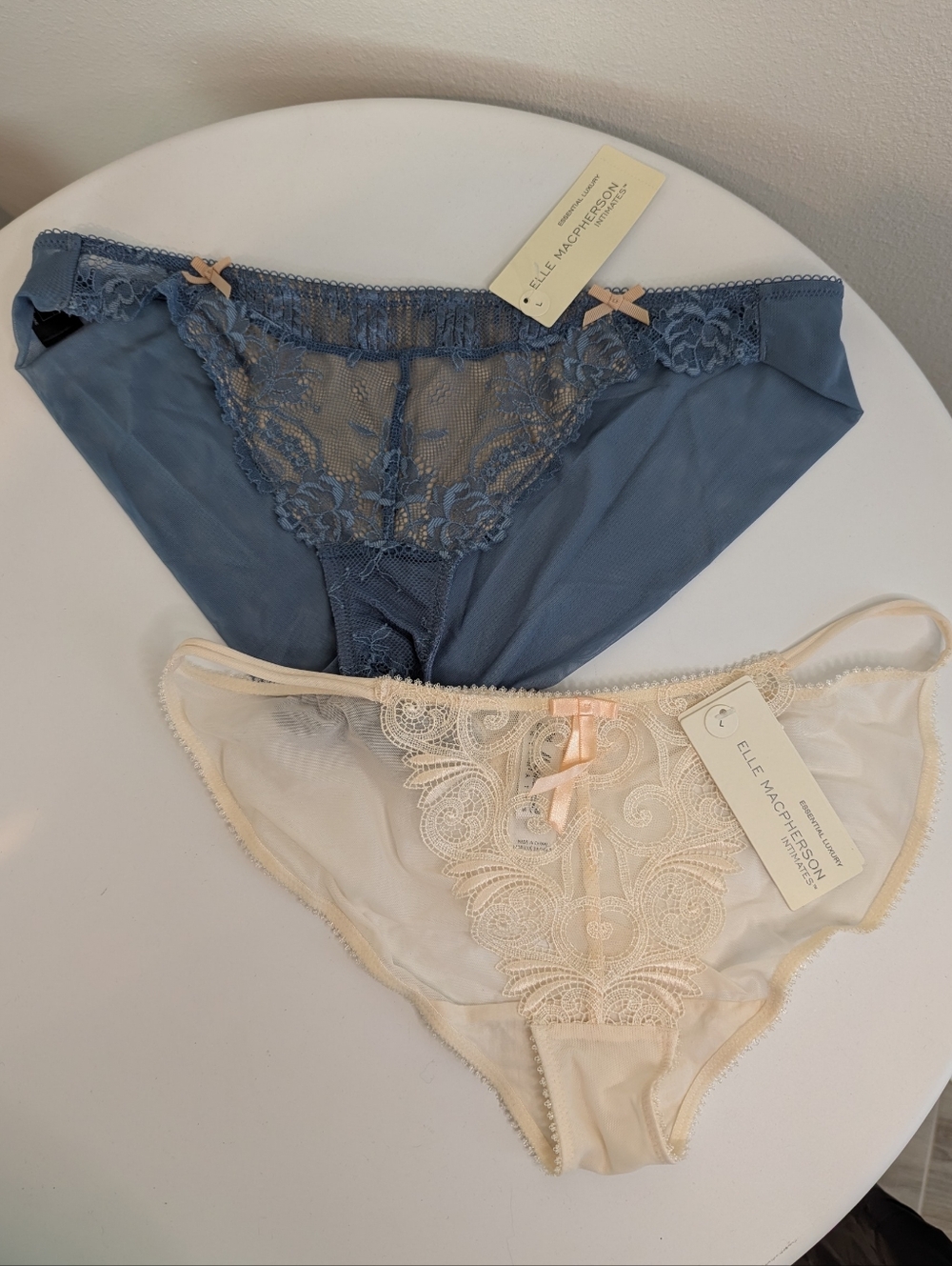 Elle Macpherson Intimates Lace Bikini + Tanga Brief Blue + Cream NWT Sz L